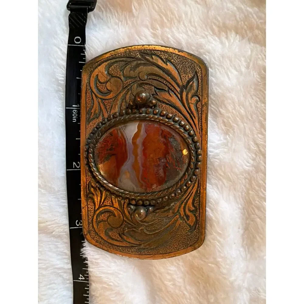 Vintage Western Belt Buckle Natural Agate Stone Scroll Engraved Brass Tone